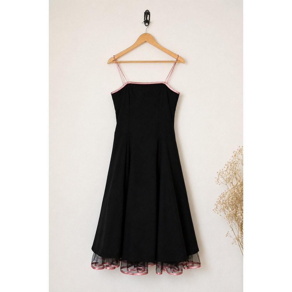 Vintage Y2K Black Party Dress Pink Satin Trim Tulle Hem Made in USA Size 9/10